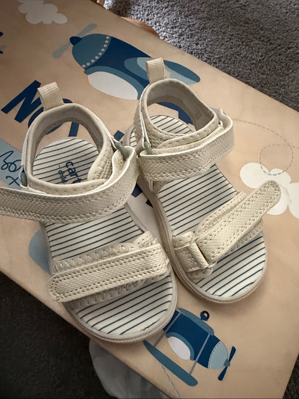Carter's Cream White Striped Hook-and-Loop Kids Sandals